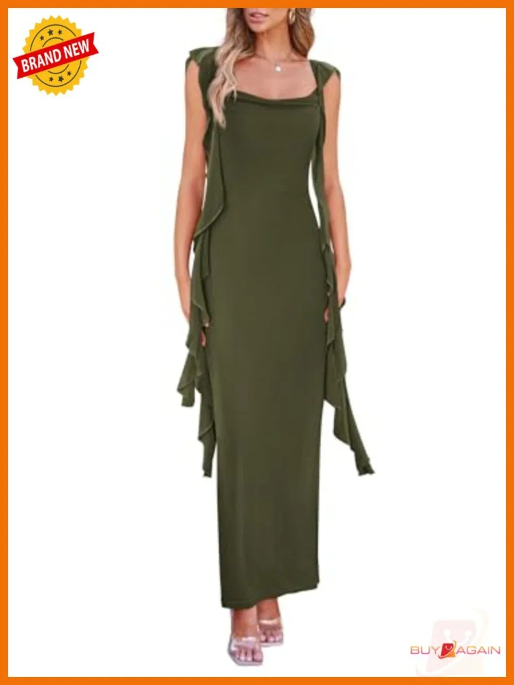 Women's Ruffle Bodycon Maxi Dress Sweetheart Neck Cap Sleeve Open Back Ruched